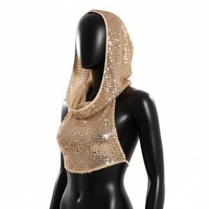 New XS Gold Sequin Cowl Neck Crop Top Festival Rave Glam Sheer Backless